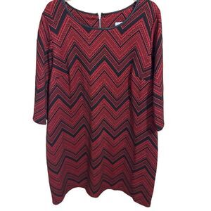 Catherines Women’s Size 1X Red Black Chevron Shift Dress 3/4 Slv Back Zip